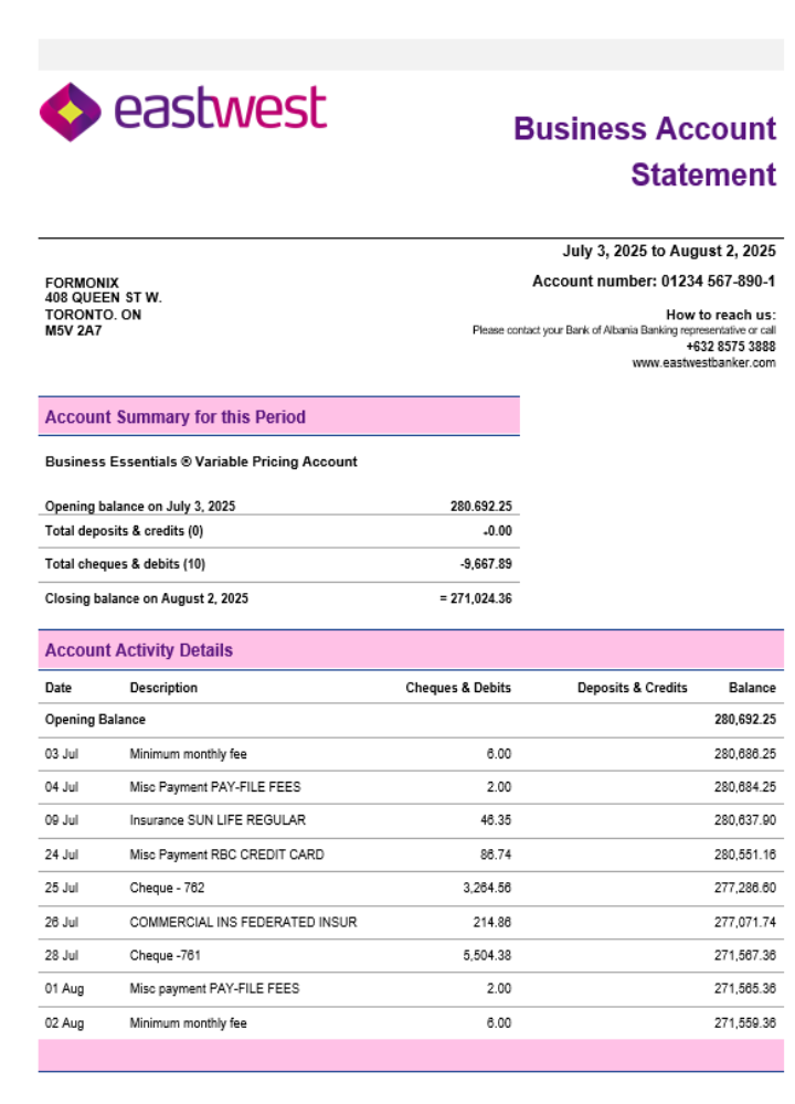 Relevé de compte de l'entreprise commerciale EastWest Format Word et PDF